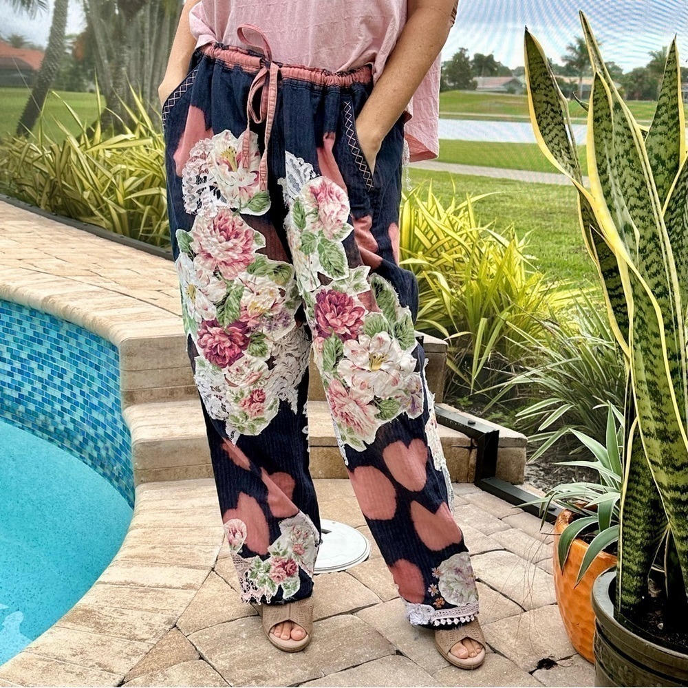OOAK Linen Cotton Pants embroidered flowers lace bleached hearts Magnolia style 
